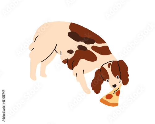 Cute dog eating pizza. Funny puppy, amusing hungry doggy feeding with slice of fast food. Adorable lovely happy pup during tasty meal. Flat vector illustration isolated on white background