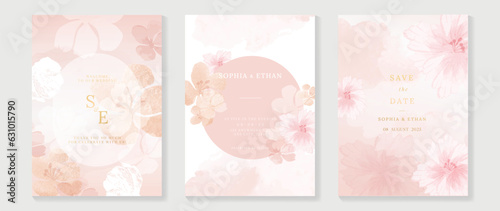 Luxury wedding pink invitation card background with golden line art flower and botanical leaves, Organic shapes, Watercolor. Abstract art background vector design for wedding and vip cover template.