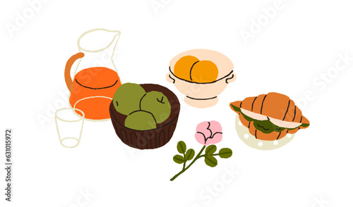 Breakfast food and snacks. Croissant sandwich, fruits, juice in jug, rose flower composition. French bakery, apples, lemonade drink for lunch. Flat vector illustration isolated on white background