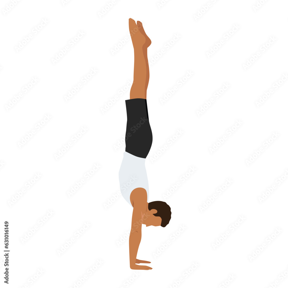 Man doing Adho Mukha vrksasana or handstand pose yoga exercise. Flat vector illustration isolated on white background