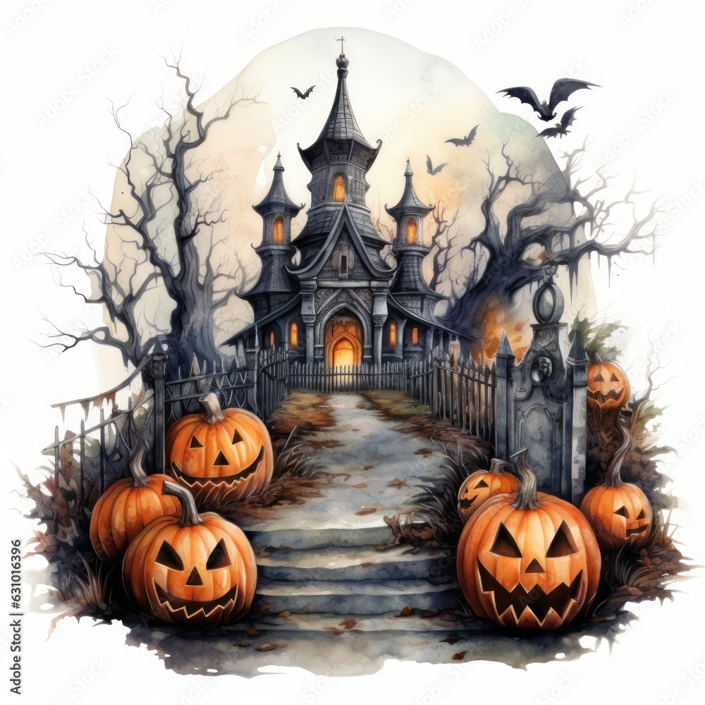 Halloween. Happy Halloween Fantasy Illustration with Halloween pumpkin, trees, house, moon on the background of old gothic castles. Fantasy poster for halloween. Generative Ai