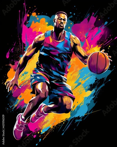 Vibrant basketball player slam dunk illustration - dynamic T-Shirt design, Basketball player in action, Generative AI