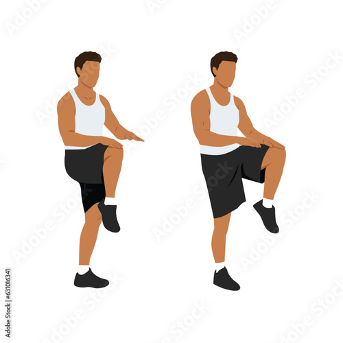 Man doing High knees. Front knee lifts. Run. and Jog on the spot exercise. Flat vector illustration isolated on white background