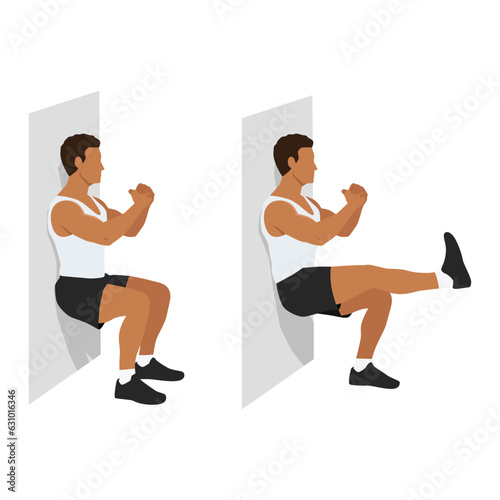 Man doing wall sit exercise. Flat vector illustration isolated on white background