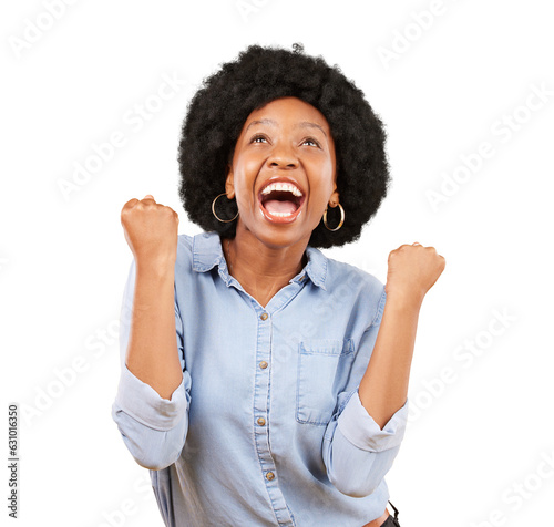 Black woman, surprise or success for winning, fist and celebrate deal, lotto prize or isolated on transparent png background. Happy african model scream in celebration of bonus goals, pride or winner