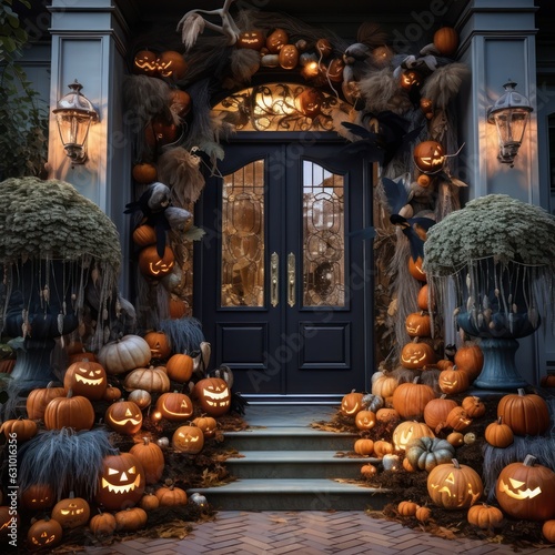 halloween decorated front door with various size and shape pumpkins. Generative Ai.