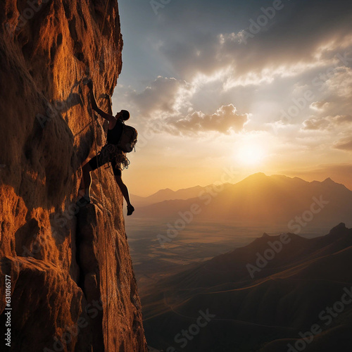 A Person Climbing a Steep Cliff Against a Sunset Backdrop With Copy Space For Ad  © Adam