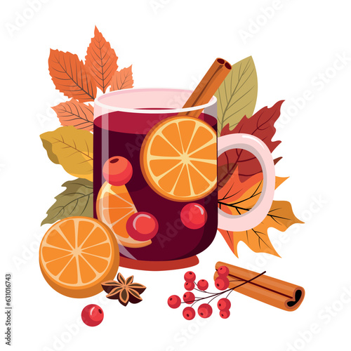 Autumn hot mulled wine in a glass mug with orange slice, cinnamon stick, and berries leaves illustration. Fall seasonal drink with leaves. Cute greeting card, postcard design.