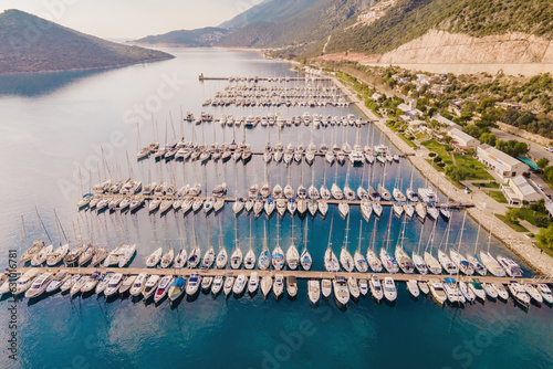 Yachts anchored at yacht club marina in Turkey, Aerial view