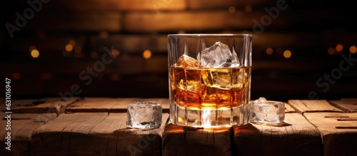 A glass containing whiskey accompanied by ice cubes rests on an aged barrel in the backdrop. The wooden