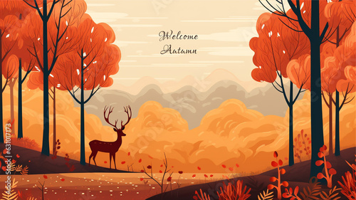 autumn forest landscape with deer, welcome autumn