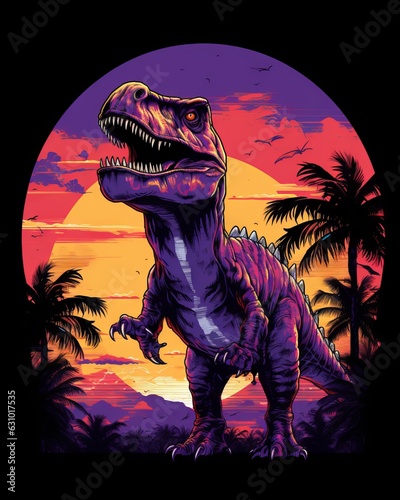 tyrannosaurus rex dinosaur vector t-shirt - Dinosaur, palm trees, sunset, synthwave, vivid colors, pure white background, T-shirt design, Generative AI © Ameer