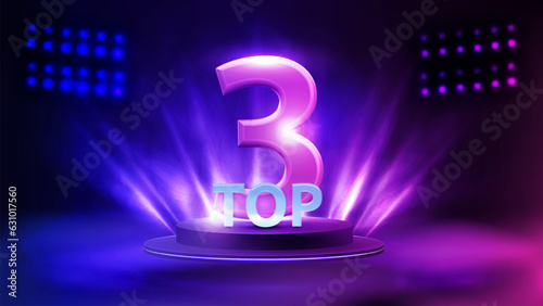 Top 3, poster with podium with award in a fog and spotlight on background