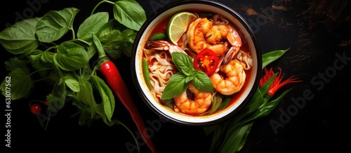 top view photo of a Laksa Shrimp Bowl with glass noodles, shrimp, bok choy, lime, ginger, and chili.