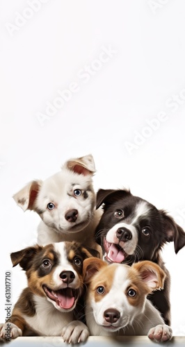 three happy dogs isolated on white background, vertical banner