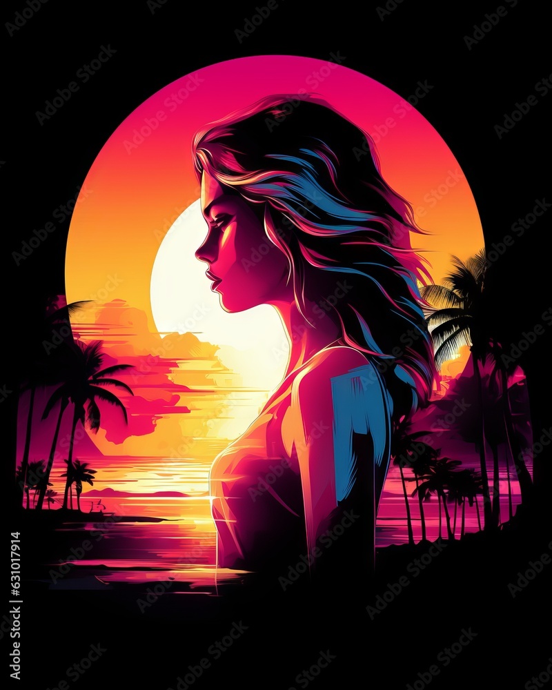 Silhouette of a girl on the beach t-shirt design - girl silhouette , sunset, synthwave, vivid colors, pure white background, T-shirt design, Generative AI