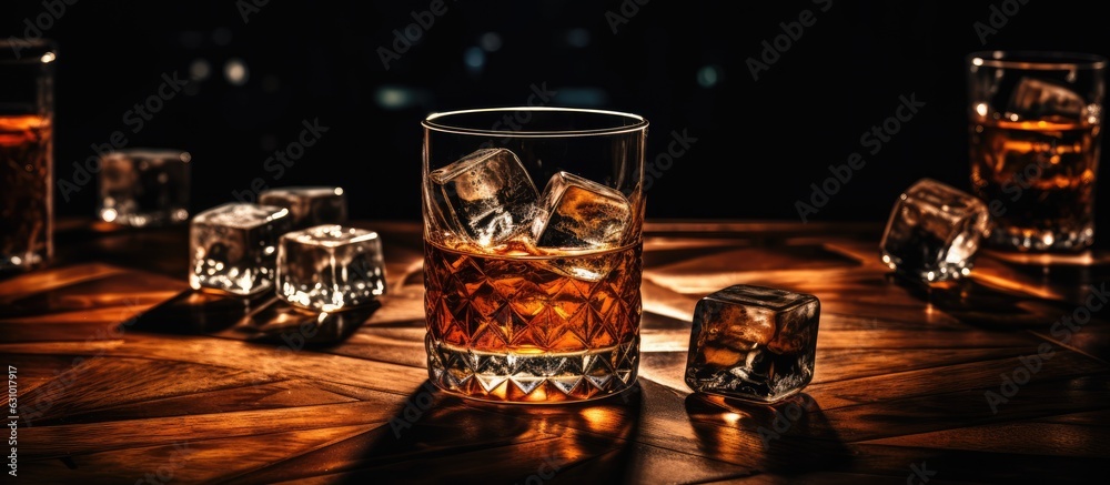 a dark and moody atmosphere with a glass of sophisticated whiskey, including ice cubes, placed on a a dark and moody atmosphere with a glass of sophisticated whiskey, including ice cubes, placed on a