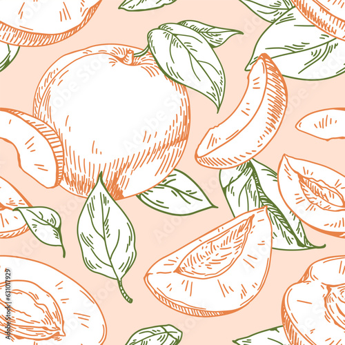Seamless fruit pattern with apricots and leaves. Hand-drawn repeating print i...