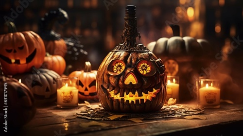 a spirited toast to halloween: the enchanting tale of quirky pumpkin-shaped wine and liquor bottles, filled with festive cheer and mysterious brews. Ai Generated