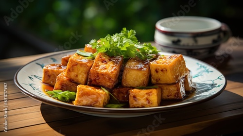 Fried tofu served on plate and blurred background