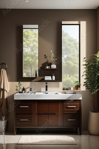 modern brown wooden bathroom interior