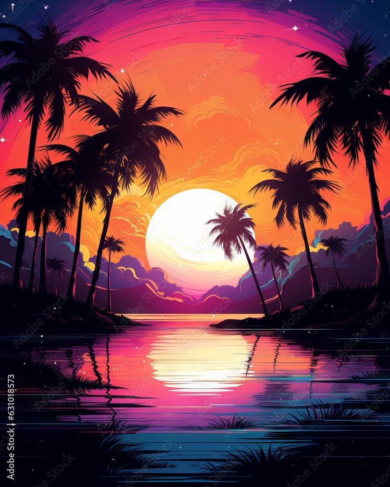 sunset on the beach - island with palm trees, sunset, synthwave, vivid colors, pure white background, T-shirt design, Generative AI