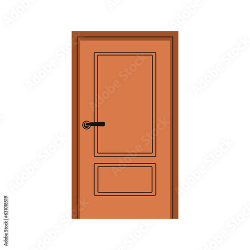 Closed wooden door. Doorframe with doorknob for entrance, exit. Doorway close. Shut entry to house, room, apartment. Flat vector illustration isolated on white background