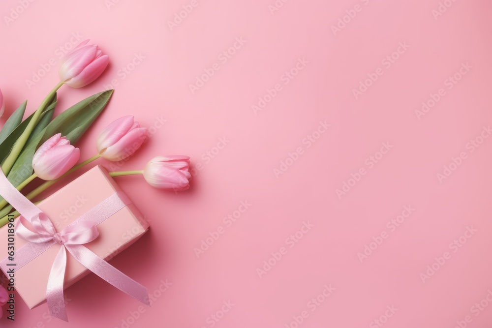 Mothers or Woman Day concept. Top view photo of stylish pink gift with pink ribbon bow and tulips flower
