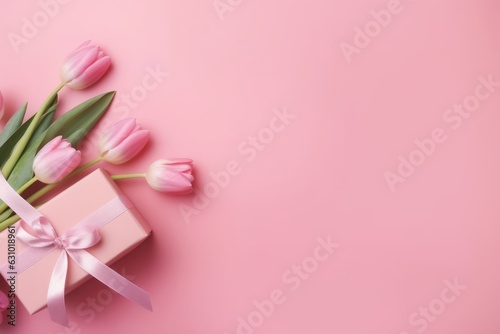 Mothers or Woman Day concept. Top view photo of stylish pink gift with pink ribbon bow and tulips flower © Denis