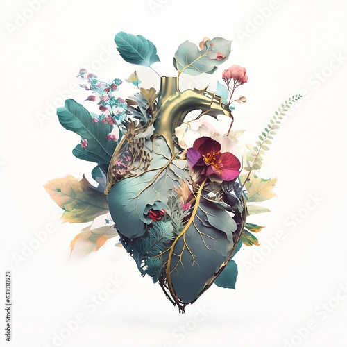 Blooming Anatomical heart on white background. Love, Gratitude, Happiness concept concept