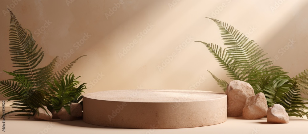 The showcase layout features a stone podium on a beige background, with fern leaves and natural shadows.