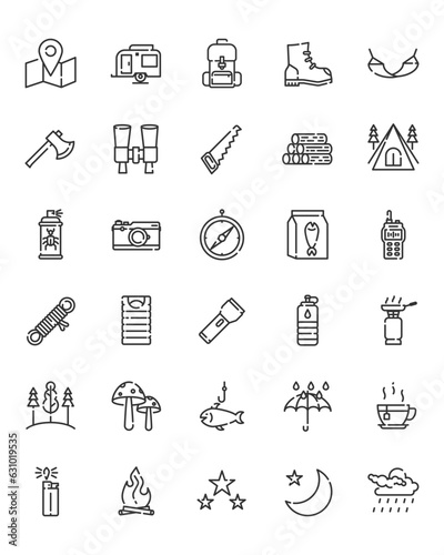 Simple outline icon set of adventure travel camping tent on the white background, forest explore and relaxing trip concept, 64x64 pixel perfect icon
