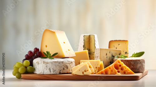 Various sorts of cheese served on wooden board, blue cheese, camembert, brie and cheddar slices, gourmet cheese collection, assortment on table, side view photo, closeup