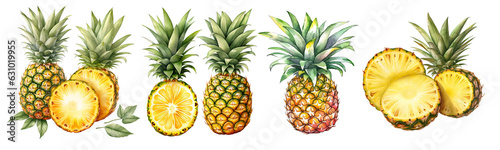 Set of pineapple watercolor collection of hand drawn, pineapple yellow color, pineapple elegant watercolor illustration , pineapple isolated transparent background, PNG.