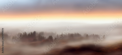 illustrazione di panorama co landa desolata, boschi e foreste avvolti da una fitta nebbia, alba, tramonto photo