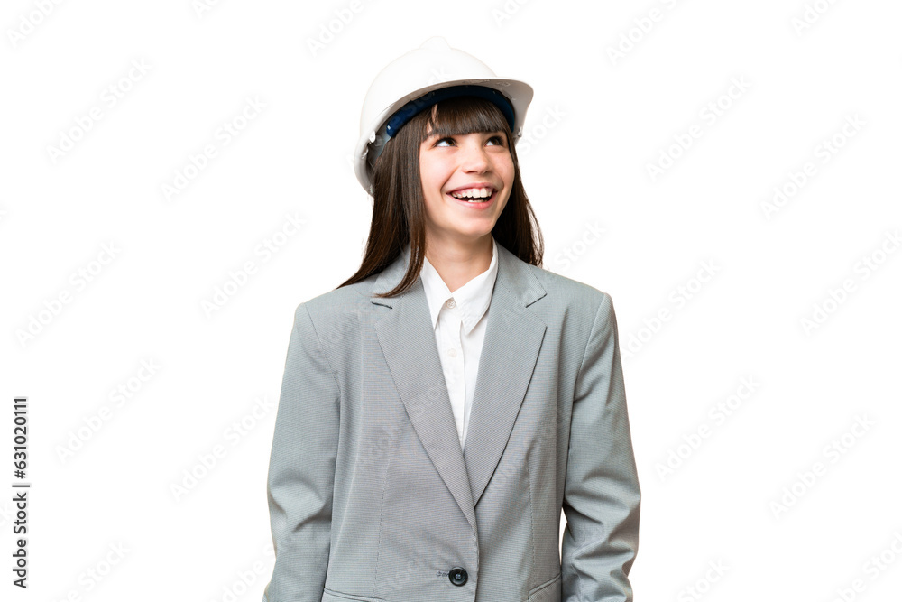 Little girl playing as a architect with helmet and holding blueprints over isolated background thinking an idea while looking up Little girl playing as a architect with helmet and holding blueprints over isolated background thinking an idea while looking up