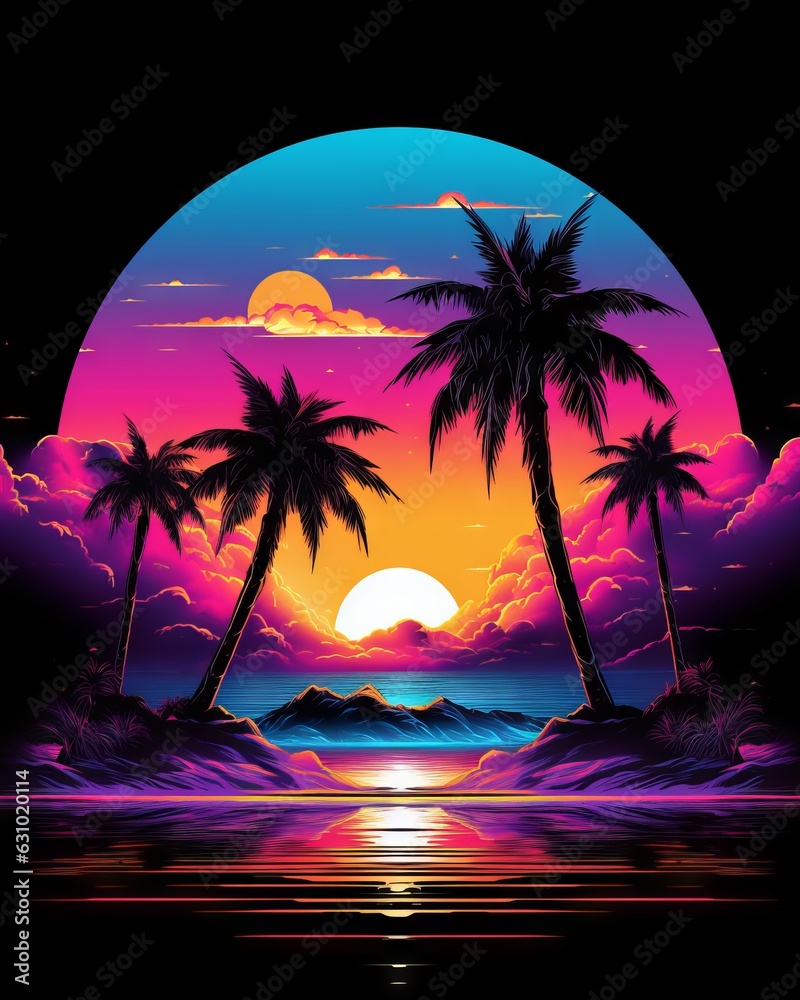 Beach with palm trees - Vibrant sunset synthwave T-shirt design on pure black background, Generative AI