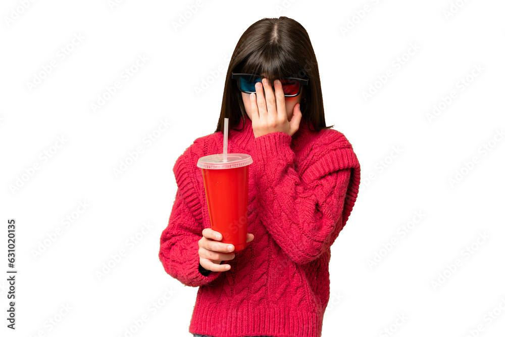Little girl holding soda over isolated chroma key background with tired and sick expression Little girl holding soda over isolated chroma key background with tired and sick expression