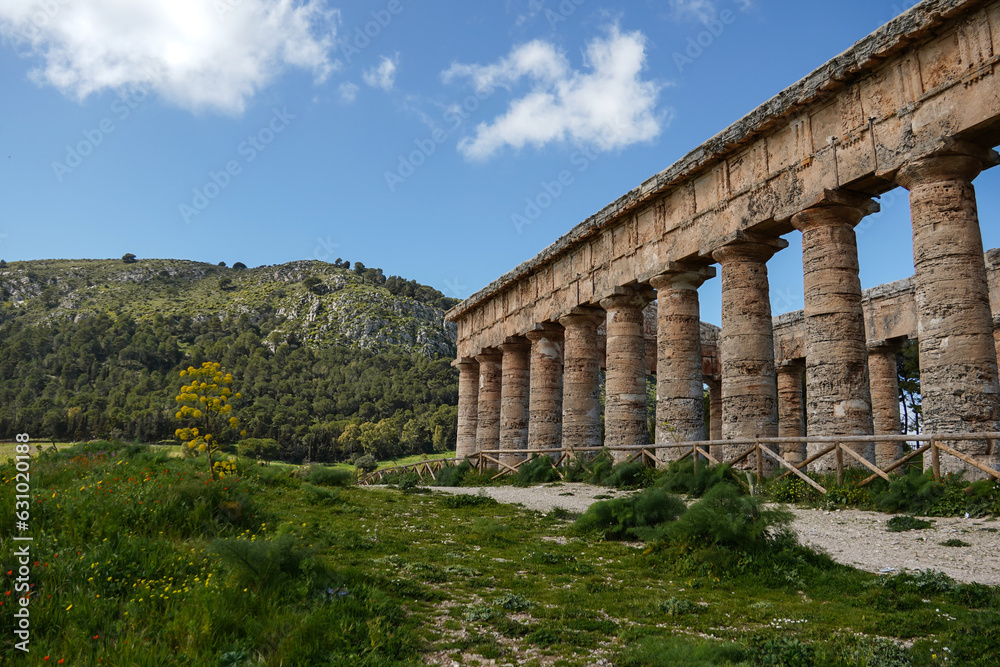 View over the Greek Doric Temple, Segesta, Sicily, Italy, Europe 