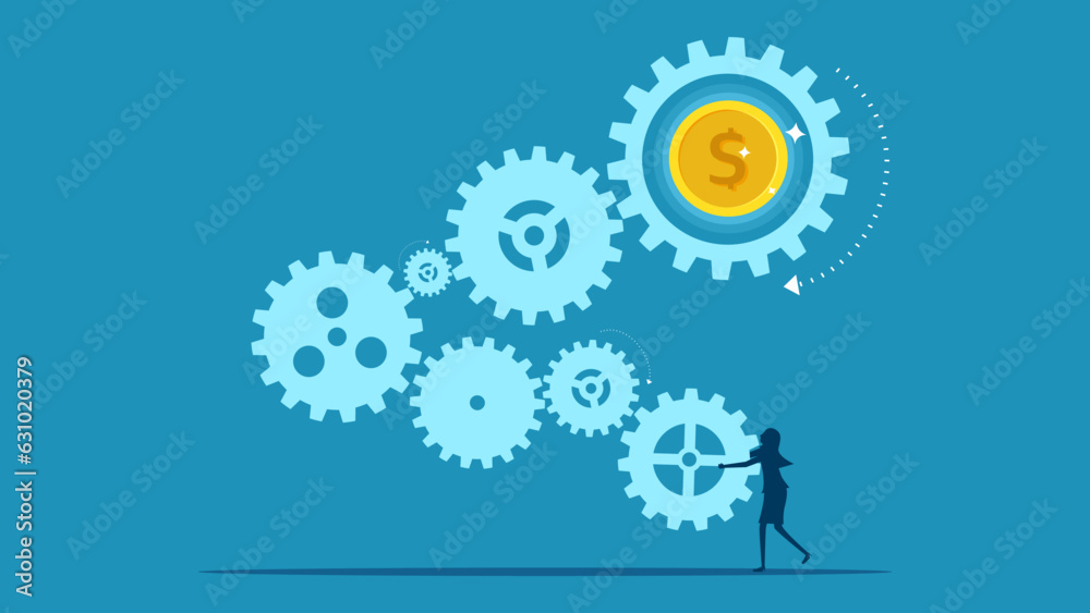 process and profit. Businesswoman connected gears to money generator vector