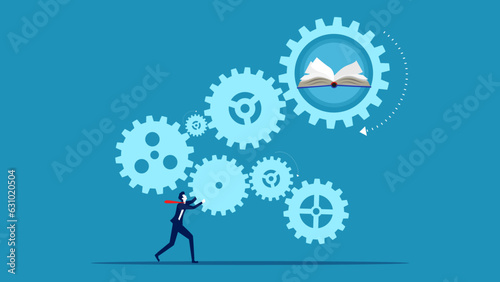 learning process. Businessman connecting mechanisms and books. vector