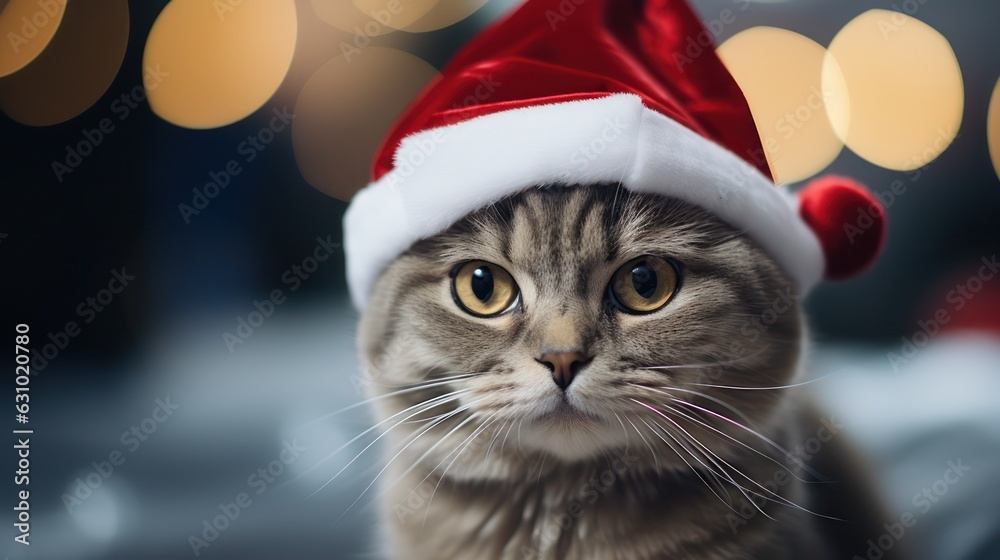 Close-up portrait of a cute cat in a red Santa Claus hat among burning lights on the background of a winter snowy landscape. New year party. Snowflakes in the air. Generative Ai. Close-up portrait of a cute cat in a red Santa Claus hat among burning lights on the background of a winter snowy landscape. New year party. Snowflakes in the air. Generative Ai.