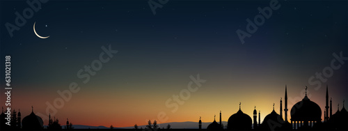 Ramadan Night with twilight dusk sky and Silhouette Dome Mosque Minarets,Crescent moon,Vector symbol islamic religion,Ramadan Card for Eid al-Adha, Eid al-fitr, Eid Mubarak, Islamic new year Muharram