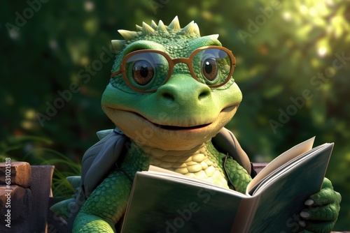green cute dinosaur with glasses reading a book