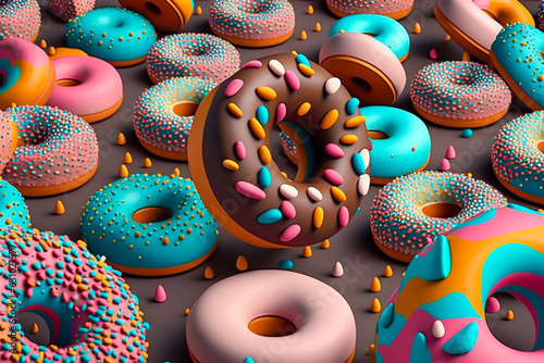 Colorful donuts, angle from vertical. Pop art, chocolate chips, sugar coating, matte texture 3D render. Made with Generative AI © Koshiro