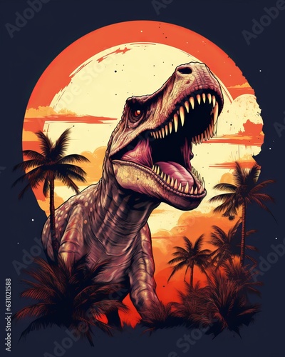 Tyrannosaurus rex dinosaur - Dinosaur t-shirt design with sunset and palm trees on pure white background, Generative AI © Ameer