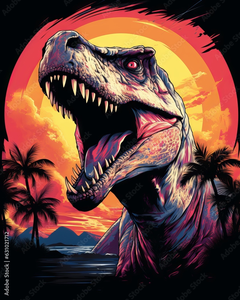 Tyrannosaurus rex dinosaur t-shirt - Dinosaur, palm trees, sunset, pure white background, T-shirt design, Generative AI