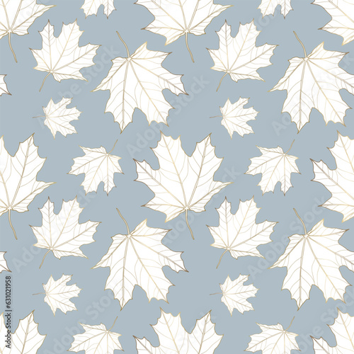 Autumn seamless pattern with golden maple leaves on a gray-blue background. Pattern for textiles, wrapping paper, wallpapers, covers, designs of various items.