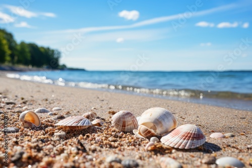 Calm And Tranquil Beach With Seashells, Generative AI © Box Milk