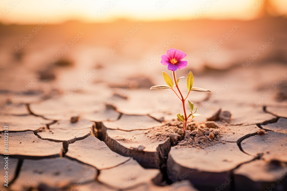 A dry and brown landscape in the desert during a summer drought, with wilted plants struggling to survive on the parched ground.